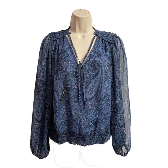 Lucky Brand Paisley Blue Print Sheer Long Sleeve Boho Top Size M - Picture 3 of 13